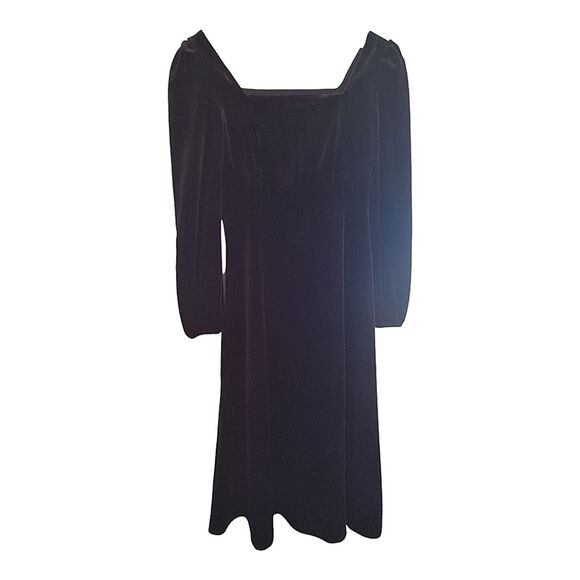 NWT Chic Square Neck Plain Black Velvet Midi Dress A-Line Japanese Brand Lined - Picture 3 of 16